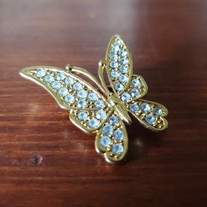 Gold and White Rhinestone Butterfly Pin